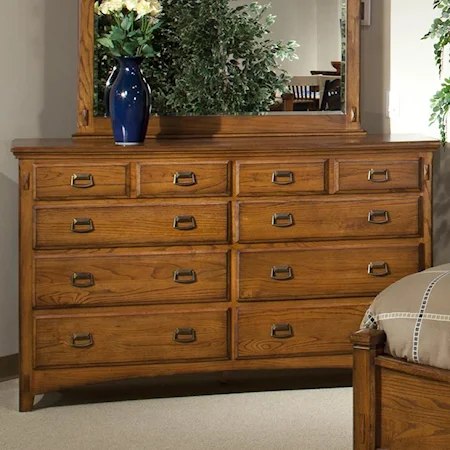 Eight-Drawer Dresser in Medium Brown Finish with Metal Handle Drawer Pulls